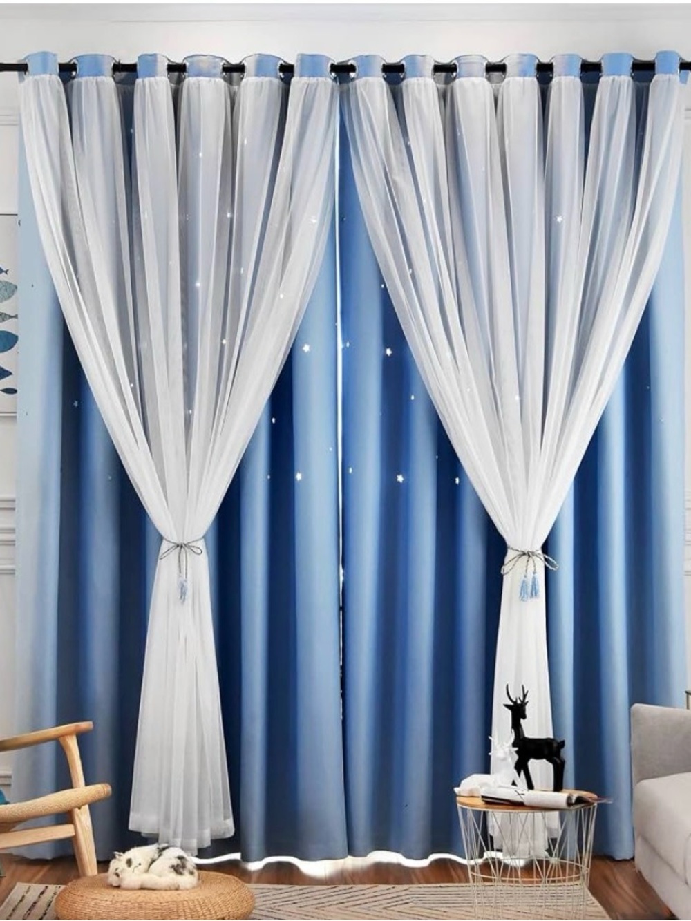 Blue and White Sheer Layered Window Curtains - Brand:
